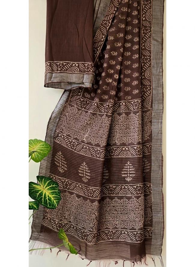 Cotton  Brown Daily Wear Printed Saree